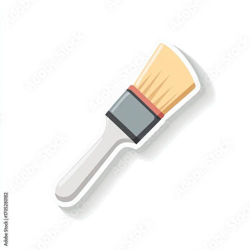 A cartoon-style paintbrush sticker with a gray handle, red ferrule, and light-yellow bristles, casts a slight shadow