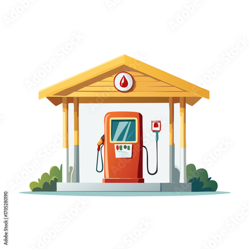 Cartoon illustration of a gas station pump and canopy with small plants.