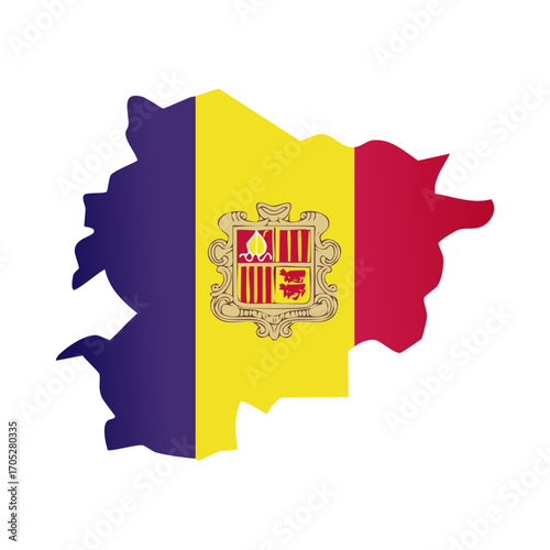 Map shape of Andorra country filled with national flag and coat of arms