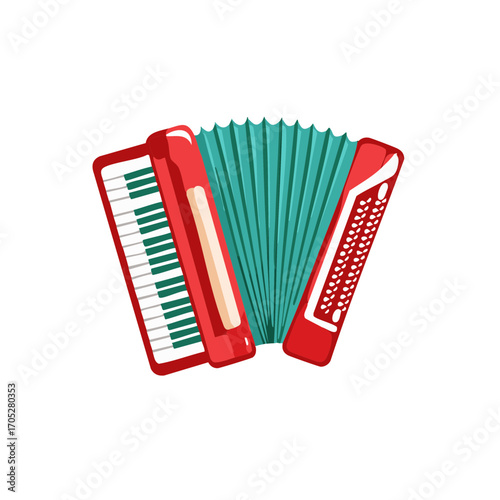 Illustration of a Vibrant Red Accordion with Teal Bellows, Musical Instrument