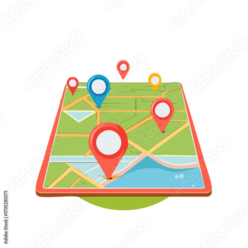 Vibrant map with multiple location pins indicating navigation routes and travel destinations for exploration