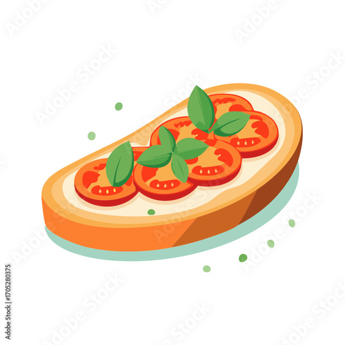Colorful illustrated bruschetta with sliced tomatoes and basil leaves