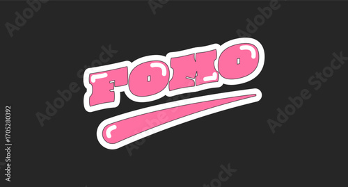 FOMO acronym retro pink social media phrase. Fear of missing out lingo. Anxious feeling. Psychological term. Trendy typography with swoosh underline. Online buzzword isolated on black. Oi font used