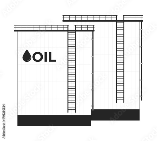 Crude oil storage tanks with access ladders outline illustration. Gasoline fuel reserve. Petroleum industrial management. Refinery 2D line object isolated on white. Monochrome vector ink linear image
