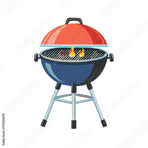 Vibrant Illustration of a Charcoal Grill with Flaming Food on the Grate Ready to Cook