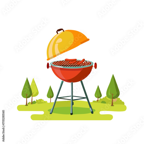 Outdoor barbecue grill with sausages cooking on a green lawn with trees in a cartoon style