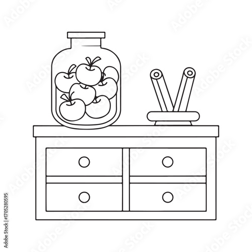 Jar of apples and pen holder on a dresser with drawers line art glass jar container