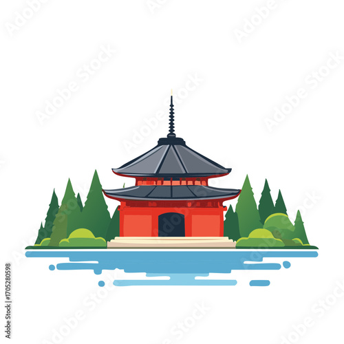 Vibrant red East Asian pagoda temple surrounded by green trees beside tranquil blue water a symbolic cultural landmark