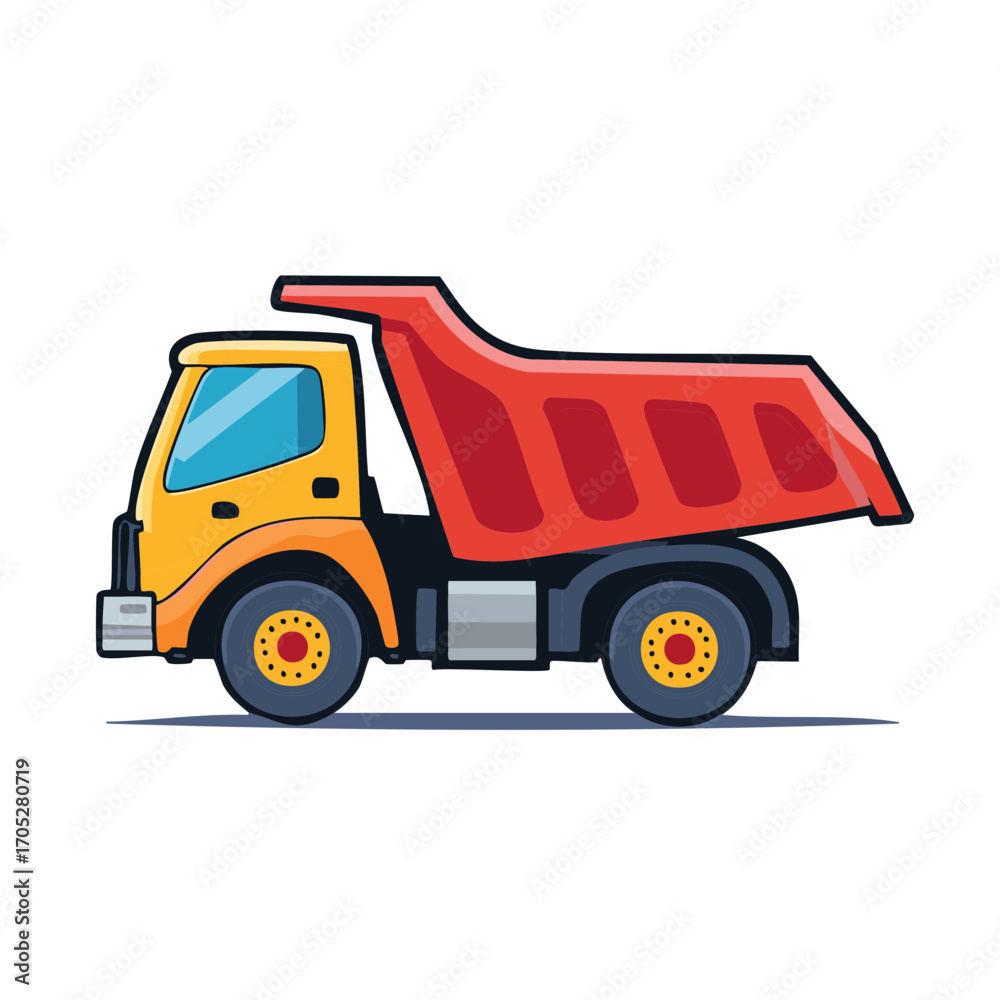 Fototapeta premium Vibrant Cartoon Yellow and Red Dump Truck Vector Illustration