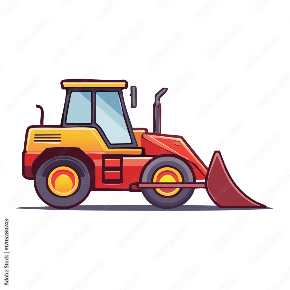 Naklejka premium Cartoon illustration of a red and yellow bulldozer construction vehicle