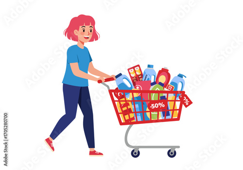 Cartoon woman pushes overflowing shopping cart with groceries and sale tags