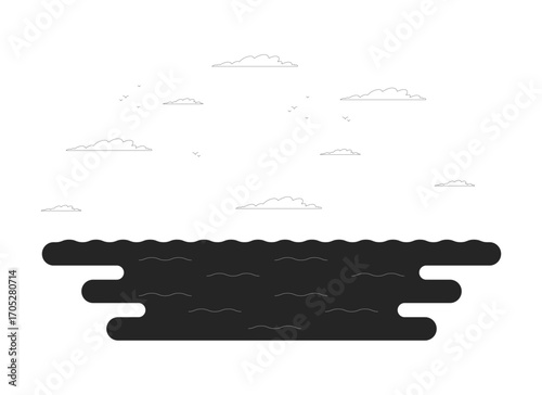Calm ocean with clouds and soaring seagulls outline illustration. Seabirds flight. Open sea, sky water horizon with flying birds 2D line scene isolated on white. Monochrome vector ink linear image