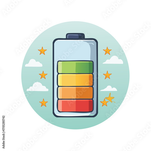 Stylized Battery with Colorful Charge Level Display and Celestial Energy Iconography