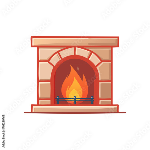 Cartoon Illustration of a Fireplace with Burning Fire Flame and Red Brick Structure