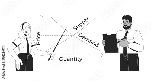 Economics presentation with supply and demand chart line illustration concept. Corporate woman explaining price quantity graph business outline 2D characters isolated. Ink linear metaphor vector art