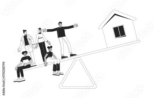 Housing demand low supply line illustration concept. House shortage. Real estate market imbalance on seesaw with diverse people outline 2D characters isolated. Ink linear metaphor vector art