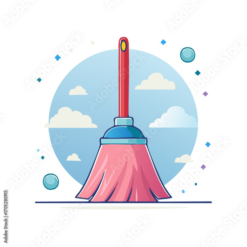 Cartoon Broom on a Sunny Day with Clouds Illustration for Cleaning and Home Organization