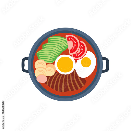 Top view of delicious meal with eggs, avocado, tomato, and beef in a pot.
