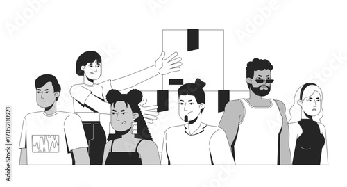 Low demand line illustration concept. Oversupply. Consumer interest lack. Unsold boxes and diverse customers dissatisfied expressions outline 2D characters isolated. Ink linear metaphor vector art
