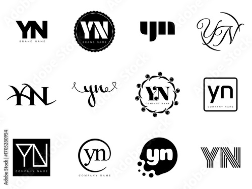YN logo company template. Letter y and n logotype. Set different classic serif lettering and modern bold text with design elements. Initial font typography.