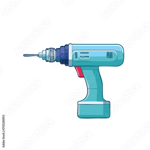 Modern teal cordless power drill with drill bit attached and red trigger detail