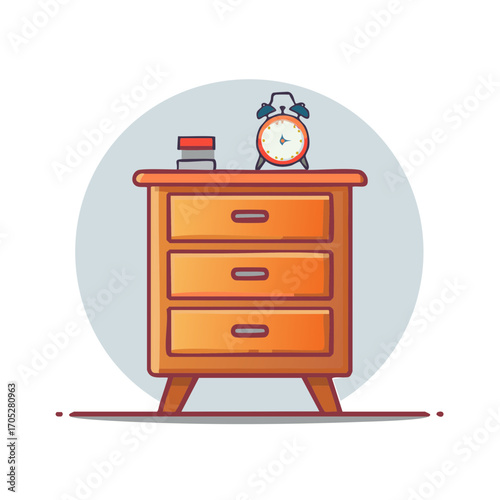 Wooden nightstand with alarm clock and books on it with blue circle backdrop illustration