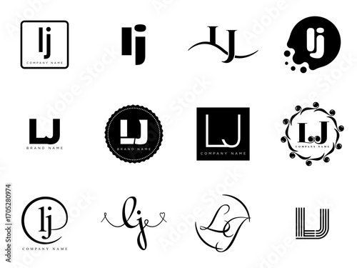 LJ logo company template. Letter l and j logotype. Set different classic serif lettering and modern bold text with design elements. Initial font typography.