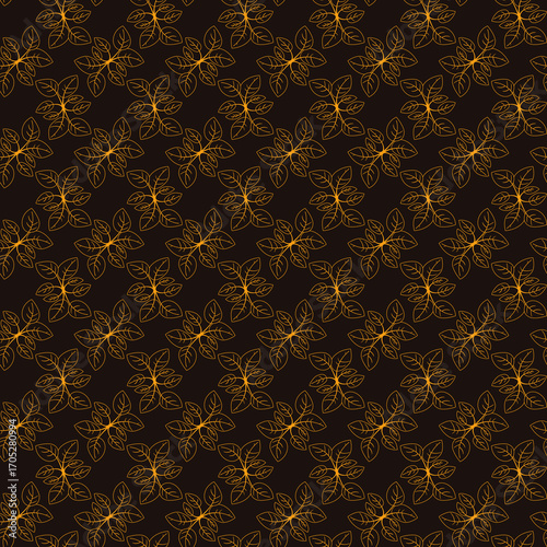 Elegant gold leaf pattern on a dark background.  Perfect for luxurious branding, invitations, or textile design.  This intricate, repeating motif evokes sophistication and natural beauty.