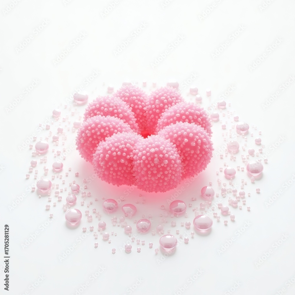 Fototapeta premium A vibrant pink flower shaped gummy candy surrounded by sparkling sugar crystals and small candies