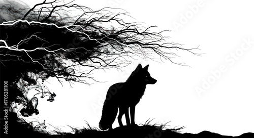 A dark fox silhouette under a storm tree at night conjures a sense of mystery and intrigue