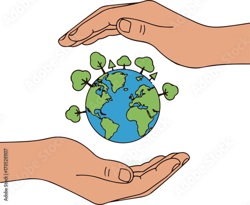 Human hands protecting and nurturing a green Earth with trees