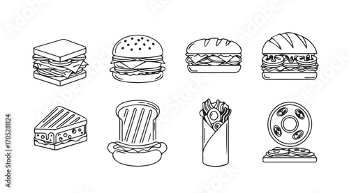 Collection of hand drawn fast food sandwich and burger icons in silhouette