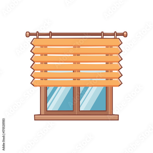 Illustration of a Wooden Window with Orange Horizontal Blinds for Home Decor