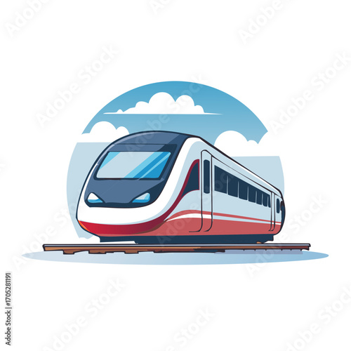 High Speed Train Cartoon Illustration on Tracks, with Cloudscape Background in a Modern Express Style for Commercial Use