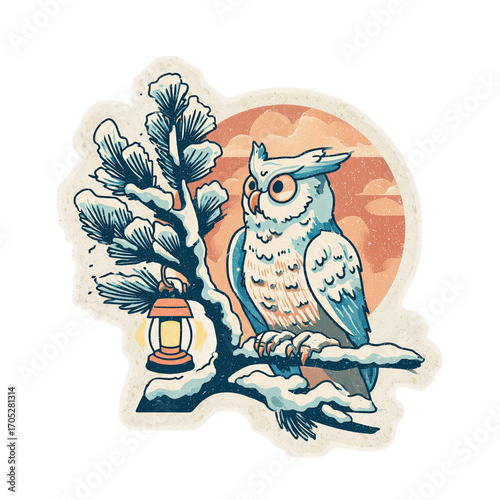 Blue Owl Vintage Sticker with Lantern and Snowy Branch