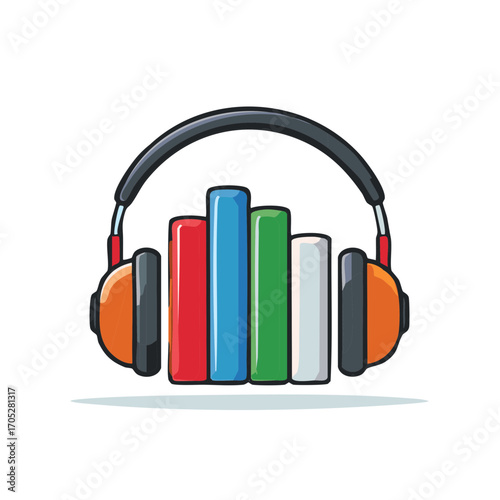 Colorful audiobook icon with headphones over books arranged as a sound equalizer graphic