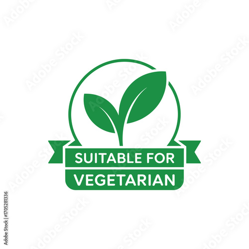 Green vegetarian food label with leaves and ribbon