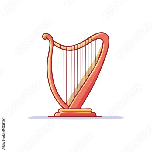 Illustration of a cartoon style classical harp musical instrument with strings