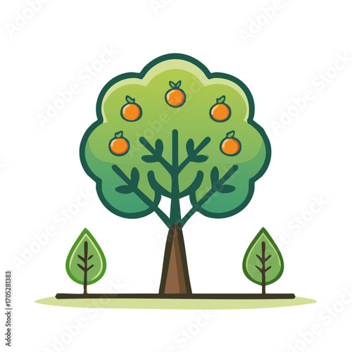Stylized Orange Tree Icon: A Cartoon Illustration of Green Foliage and Ripe Fruit for Nature and Harvest Concepts