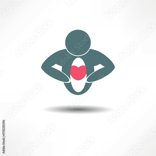 Graphic representation of a person holding a heart symbol within a circular shape, conveying love and care in a minimalist design