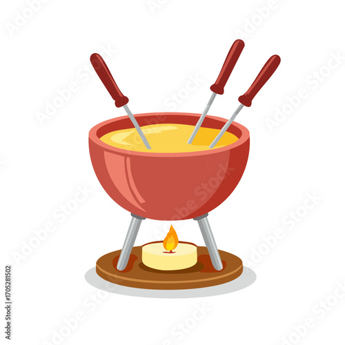 Classic Cheese Fondue Pot with Skewers and Candlelight Vector Illustration
