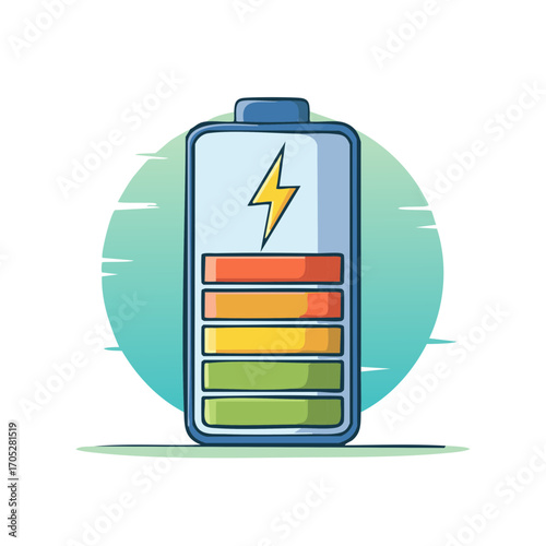 Battery Charging Indicator Icon Cartoon with Power Symbol on a Turquoise Circular Background