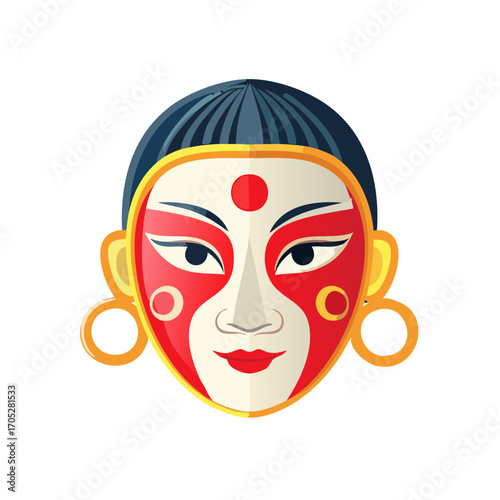 Nepalese Mask Illustration Featuring Red and Gold Colors with Intricate Designs