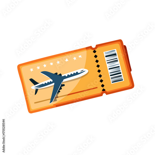 Illustration of a stylized airplane ticket with an airplane graphic and barcode