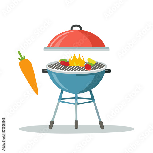 Cartoon barbecue grill with flame, grilling vegetables, and floating carrot illustration