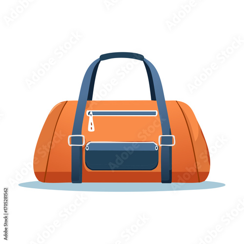 Orange travel bag with blue straps and details, vacation or weekend luggage isolated