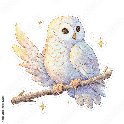 Enchanting retro magical owl sticker illustration on a branch with sparkles