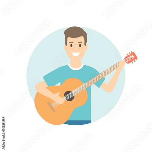 Smiling young man in blue shirt playing acoustic guitar in circle illustration