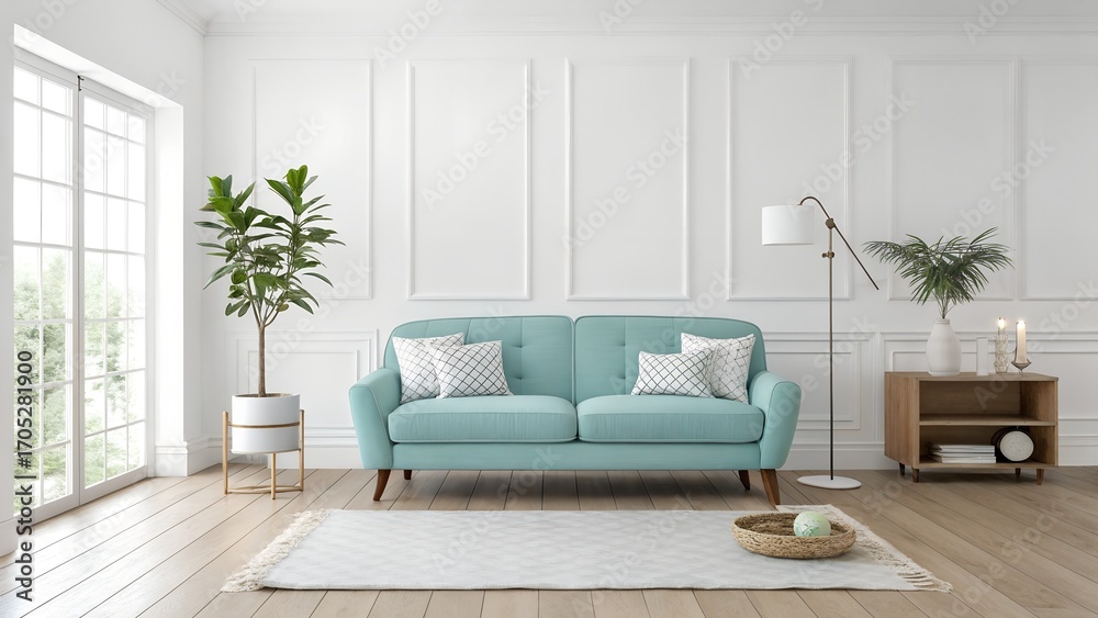 Fototapeta premium Minimalist modern living room with pastel blue sofa, wooden side table, white wall, indoor plant, pendant light, and chest of drawers