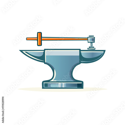 Cartoon Illustration of Anvil with Hammer, Blacksmith Tool for Forging Metal, Workshop Equipment, Industrial Design